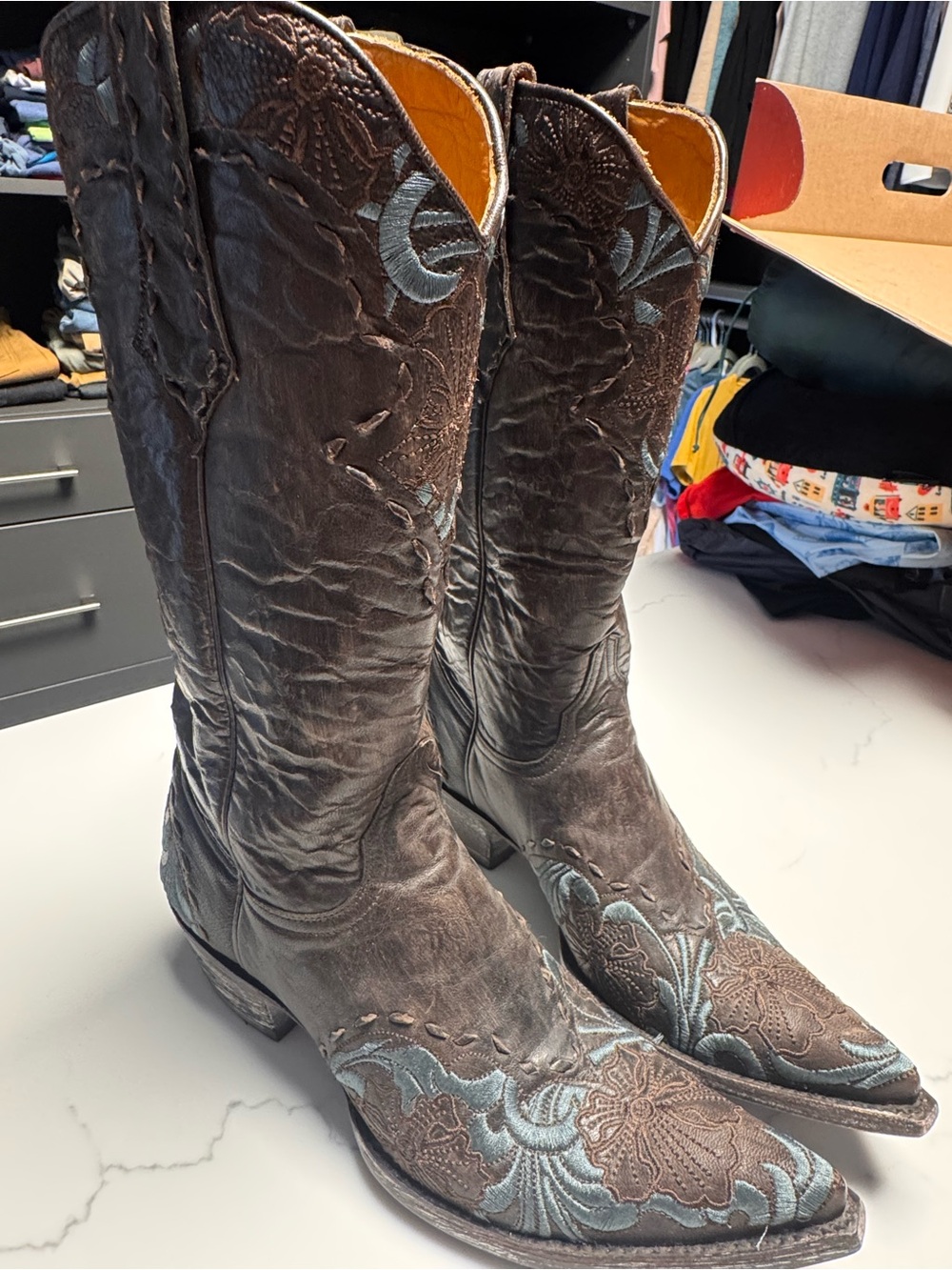 Old Gringo Brown Leather Lace-Up Cowboy Boots with Blue Floral Embroidery